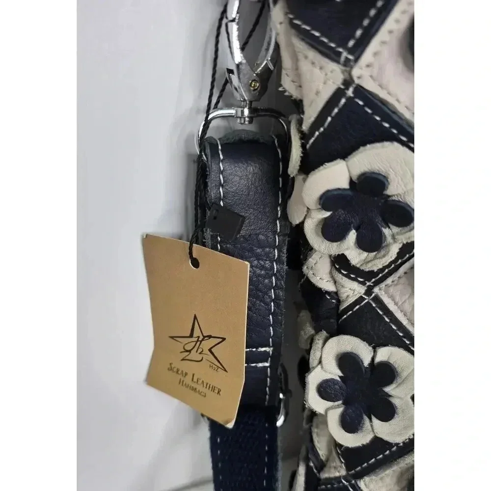 H2Z Leather 3D Floral Navy/Lt. Gray Crossbody Purse Boho Hippie Retro UPCYCLED